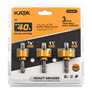 KATA Impact Hole Saw Set - 3PCS Thin Wall Hole Saw Kit Electric Tool Hole Cutter Drill Bit 7/8", 1-1/8", 1-3/8" (22-29-35mm) for Plumber - 1/4" Hex Shank, Variable Pitch Teeth for Plastic and Metal