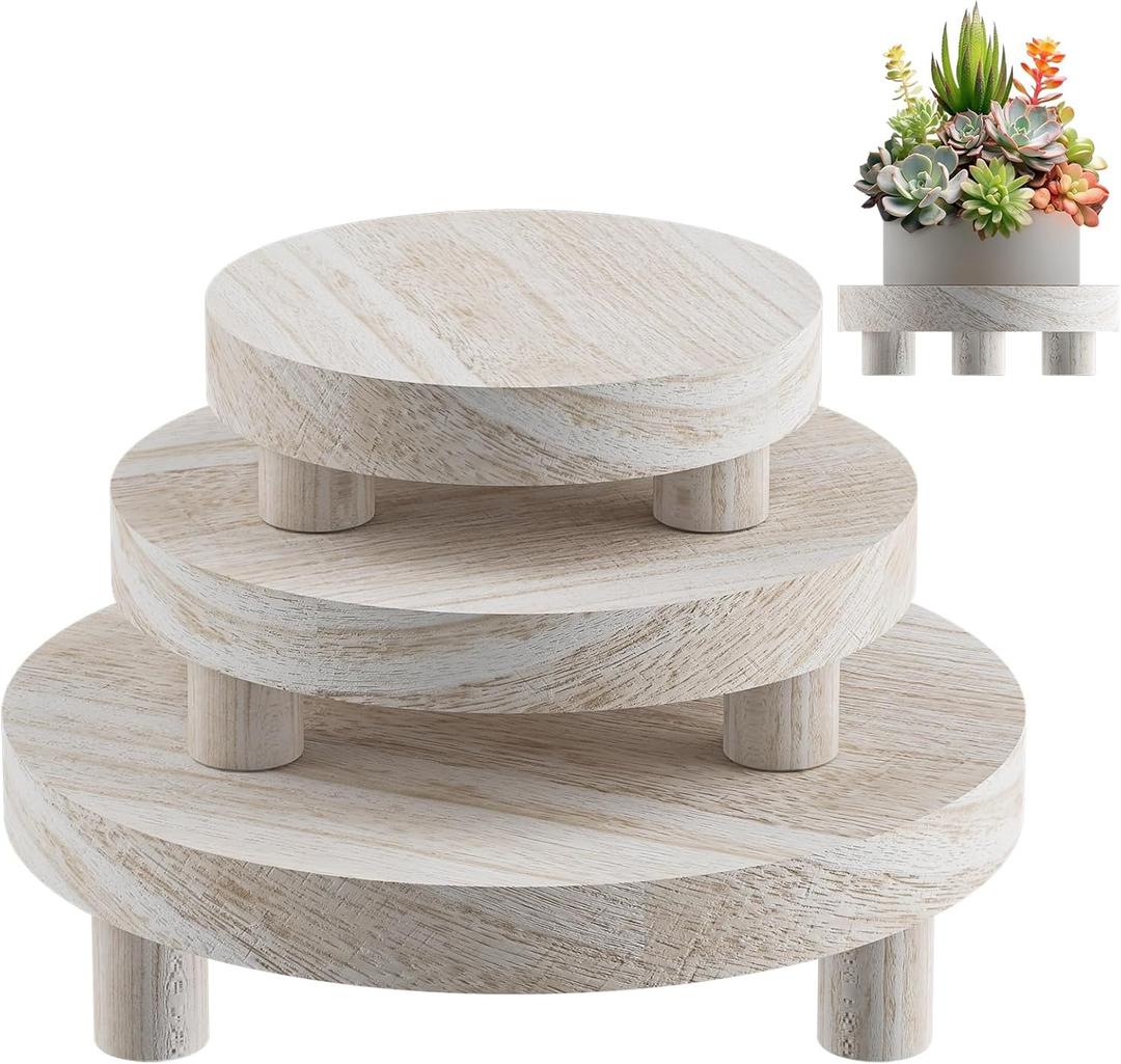 3 Pcs Wood Plant Stand Indoor Outdoor, Round Wood Riser for Decor 6/8/10" Wooden Stool Display Stand Flower Pot Holder Small Planter Tray Modern Potter Decorative for Desktop Counter Room (Washed White)