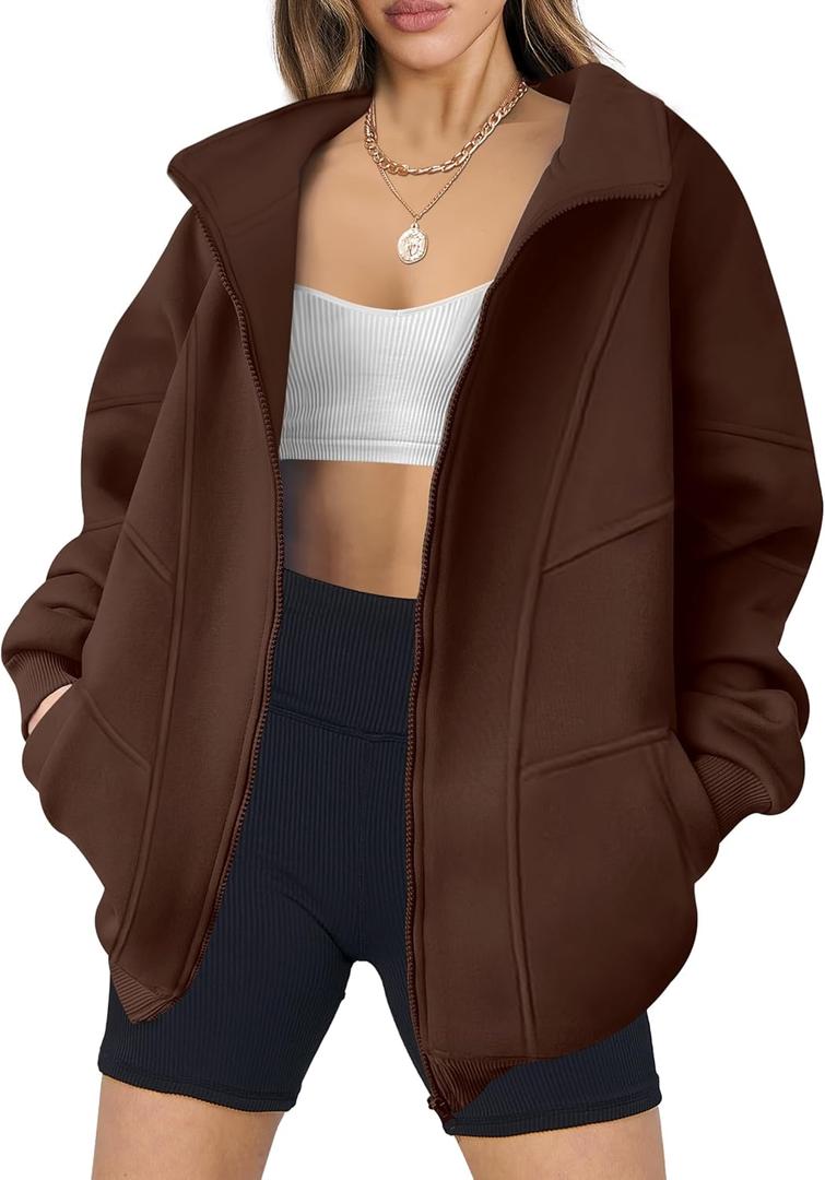 ANRABESS Women's Oversized Full Zip Up Sweatshirts Jacket 2026 Fall Fleece Long Sleeve Hoodies Outfits Brown Small (Brown, S)