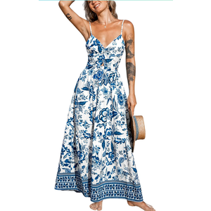 CUPSHE Women's Maxi Dress Floral Print Twisted V Neck Sleeveless Long Dress Summer Casual Dress, Medium, Teal Floral 