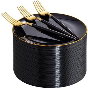 I00000 144Pcs Black and Gold Dessert Plate Set, Including 72Pcs Black and Gold Plastic Plates 7.5" and 72Pcs Disposable forks 8.5", Fancy Salad Plates with Gold Rim for Thanksgiving and Party