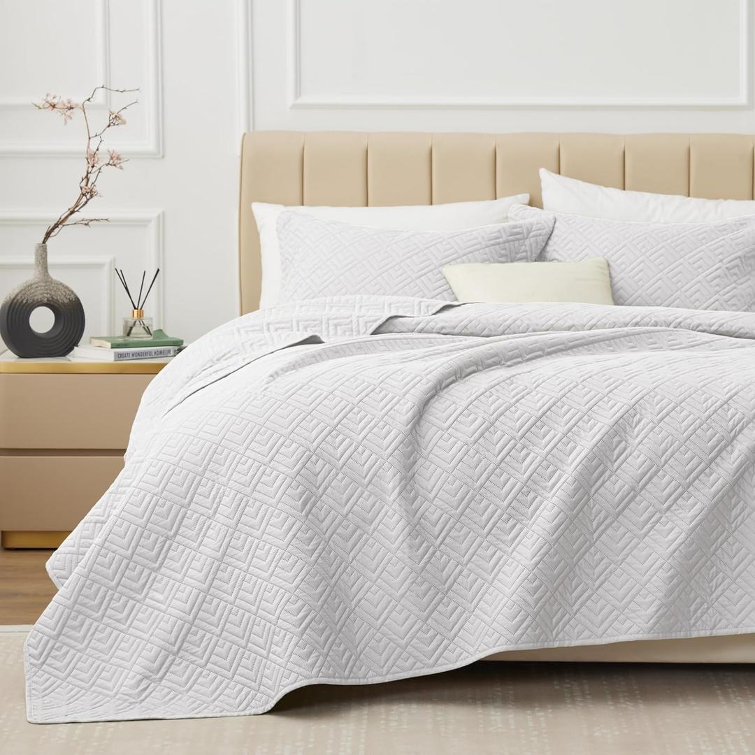 King Size Quilt Set Squares Pattern Bedding Set Lightweight White