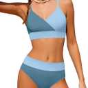 Girls Swimsuit V Neck Bikini Set Color Block with Cover Up 3Pcs Bathing Suits, Gray Blue 2, 11-12 Years
