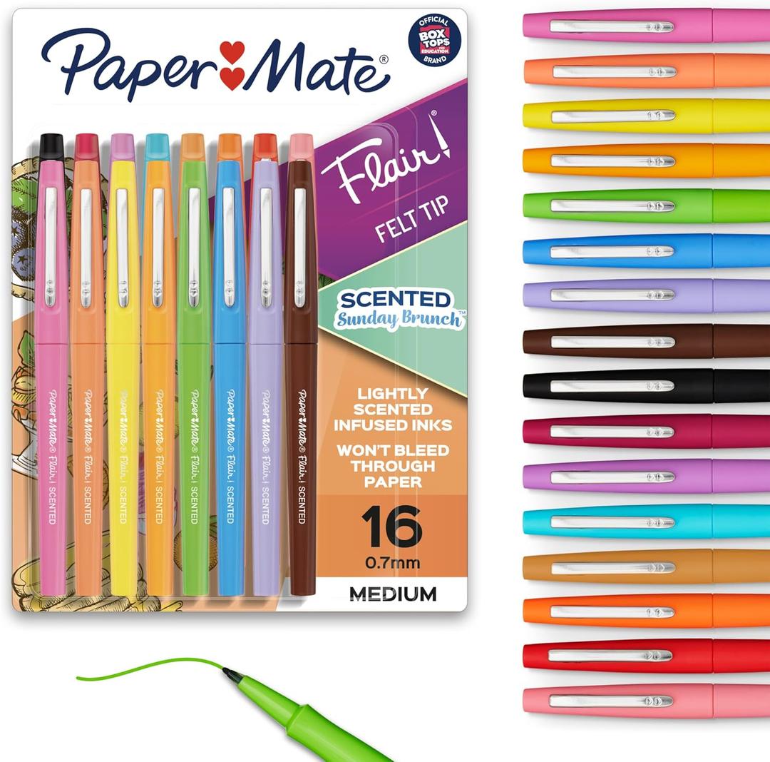 Paper Mate Flair Sunday Brunch Scented Felt Tip Pens, Medium Point (0.7mm), 16 Count - For Journaling, Writing, Note-Taking, Fun Teacher Supplies
