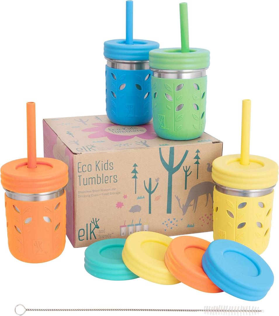 Elk and Friends 10oz Stainless Steel Kids + Toddler Drinking Cups | The Original Mason Jar with Sleeves + Lids | Silicone Straws | Smoothies | Storage Jar | Spill Resistant | Dishwasher Safe | 4 Pack (Green/Orange/Blue/Yellow)