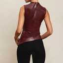Women's PU Leather Tank Top Mock Neck Ruched Sleeveless Y2k Pleated Asymmetrical Shirts with Zipper