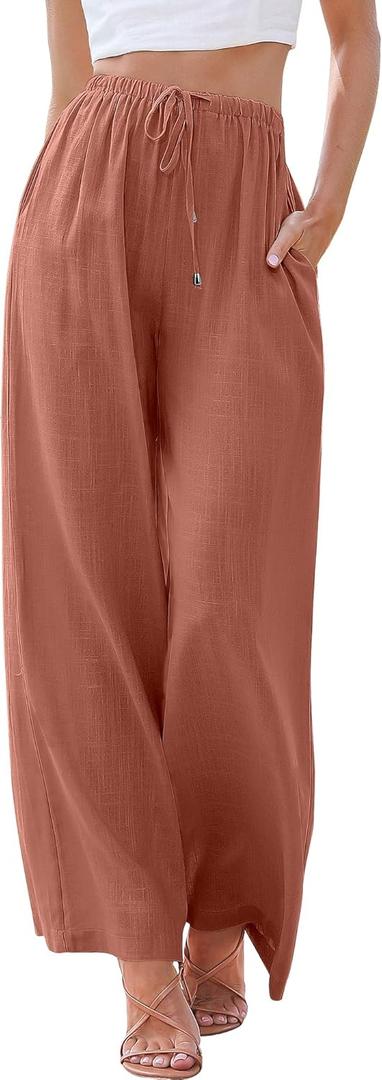 ANRABESS Womens Linen Palazzo Pants Summer Flowy Wide Leg Drawstring Casual Trousers with Pockets Beach Vacation Outfits Large Rust (Orange, L)