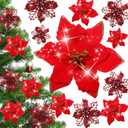Crowye 30 Pieces 2 Styles Christmas Glitter Poinsettia Flowers Artificial Christmas Flowers Faux Xmas Poinsettia Christmas Tree Ornaments for Xmas Holiday Wedding Wreath Decor (Red)