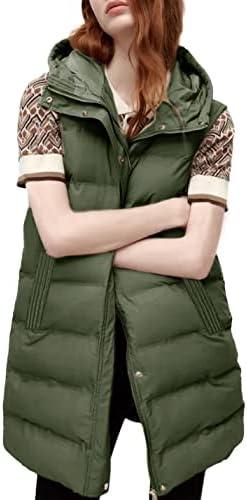 Tanming Women's Long Puffer Vest Casual Sleeveless Puffy Jacket with Removable Hood, M, Army Green