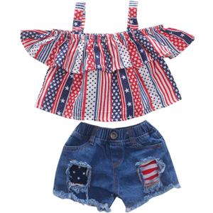 Noubeau 4th of July Toddler Girl Outfit American flag Halter Top Girls Ripped Jeans Denim Shorts Baby Girl Summer Clothes