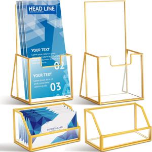 4 Pcs Glass Display Stand Set 2 Gold Glass Brochure Holder Stand 2 Gold Business Card Holder for Office Desktop Countertop Name Card Magazine Literature Journal (4 x 8 '')