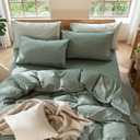 MooMee Bedding Pillowcases Pack of 2 100% Washed Cotton Linen Like Textured Breathable Durable Soft Comfy (Heathered Green, Queen)