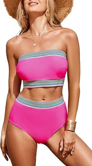 Holipick Women High Waisted Bikini Set Two Piece Swimsuit Tummy Control Bathing Suit Vintage Halter Swimwear (Medium, Hot Pink)