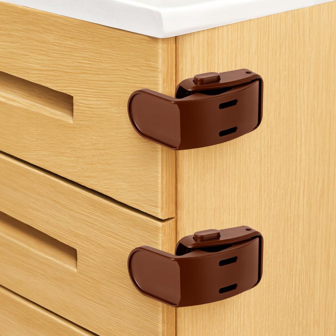 Maveek Baby Proofing Drawer Locks 4 Pack, Corner Safety Latches for Cabinets, Dressers, Kitchen & Bathroom Drawers, Childproof for Infants 0-12 Months, Fits Thin Edge Furniture (Brown)