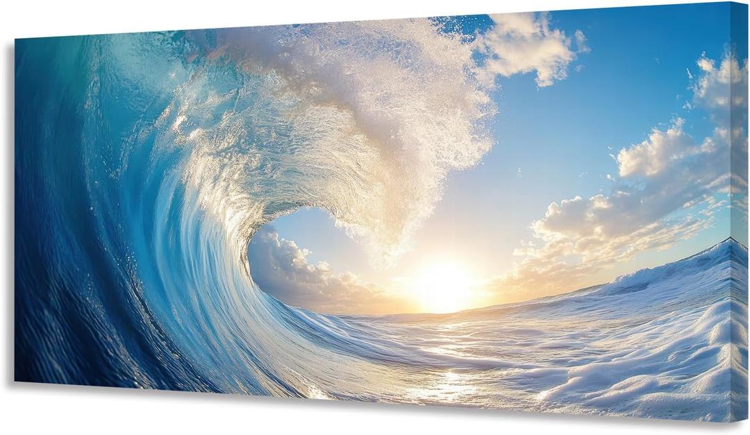Wall Art Canvas Painting Ocean Sunset Wave Clear Water 1 Piece Huge Waves Picture Poster Print Framed and Stretched Ready to Hang for Living Room Bedroom (58"L x 29"W, Light Blue)