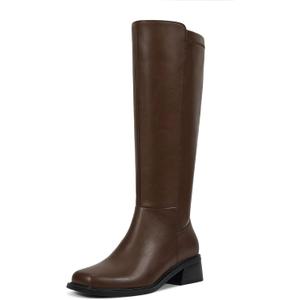 ISNOM Brown Knee High Boots for Women Chunky Low Heel Square Toe Elastic Boots Side Zipper Faux Leather Fashion Comfortable Fall Long Tall Boot (Brown Size7)