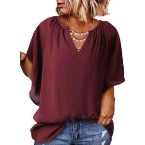 Eytino Womens Plus Size Tops Loose V Neck Bell Short Sleeve Casual Chiffon Blouses Pleated Flowy Shirts (Red, XXL)