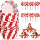 Vesici 200 Pcs Christmas Cupcake Liners and 200 Pcs Cupcake Toppers Candy Pattern Baking Cups Cake Wrappers Greaseproof Muffin Liners for Christmas Holiday Birthday Theme Party Supplies