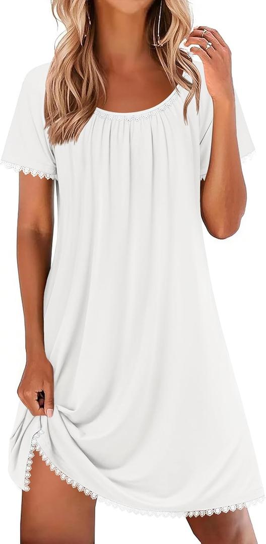 Ekouaer Cotton Nightgowns for Women Lace Trim Sleep Shirts Short Sleeve Night Shirts Sleep Dress with Pockets (Large, White)