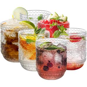 Topsky Clear Vintage Drinking Glass Set of 6, 12 oz Embossed Floral Decorative Glassware Set, Glass Cups Wine Glasses Beverages Tumblers Colored Glassware for Whisky, Beer, Juice, Cocktail, Heavy Duty