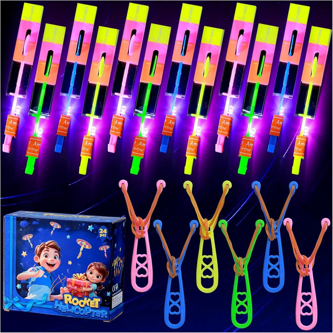 SCIONE 24 Sets LED Flying Set, 24 Slingshot+24 Glow Helicopter-48 Pcs, Flying Toy Outdoor Toys Glow in The Dark Party Supplies Party Favors for Kids 8-12,4-8
