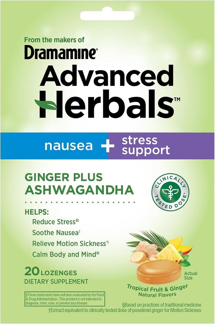 From the Makers of Dramamine, Advanced Herbals Ginger & Ashwagandha Lozenges, for Nausea Relief & Stress Support, Tropical Fruit and Ginger Flavor, 20 Count