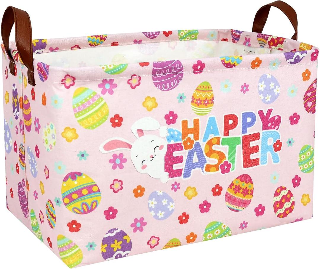 Pink Easter Basket for Kid Large Empty Baby Rectangular Cute Easter Gift Storage Basket Bunny Eggs Dcor (Pink Rabbit Flower), 14.9"L x 10.2"W x 9.8"H