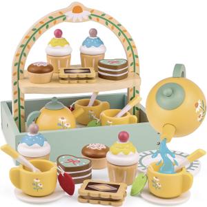 Wooden Tea Sets for Little Girls Play Food Cake Toys Toddlers 3-5 Kitchen Accessories Pretend Play Princess Playset for 3 4 5 6 Year Old Girl Boy Party Birthday Gift