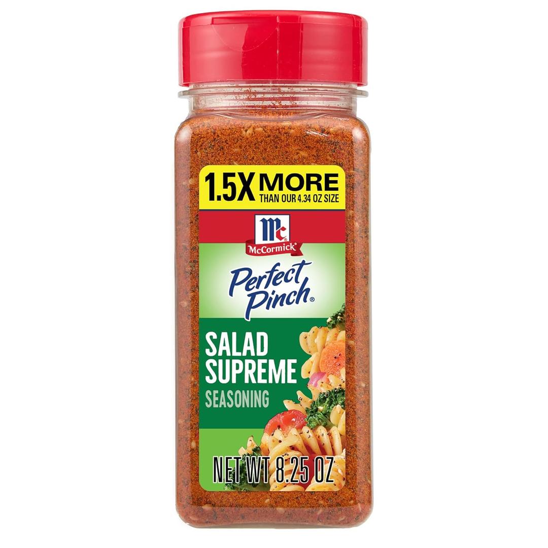 McCormick Perfect Pinch Seasoning, Salad Supreme, Vibrant Blend of Romano Cheese and Savory Spices for a Pop of Flavor, Color and Texture on Salads & More, 8.25 oz
