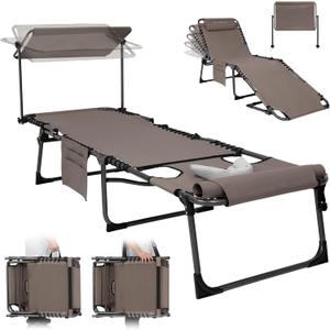 KingCamp Tanning Chair with Face Hole, Lounge Chairs Outdoor Folding Portable Comfy Adjustable 5-Position Foldable Chaise Chaser with Canopy Shade for Outside Beach Patio Sun Bathing Pool, Beige
