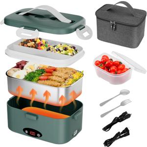 Electric Lunch Box with 3 Temperature Levels, 100W Fast Heating heated lunch box, 12V/24V/110V 1.8L Portable Food Warmer for Office, Car, and Truck, Includes Upgraded Bag & Extra Compartments(Green)