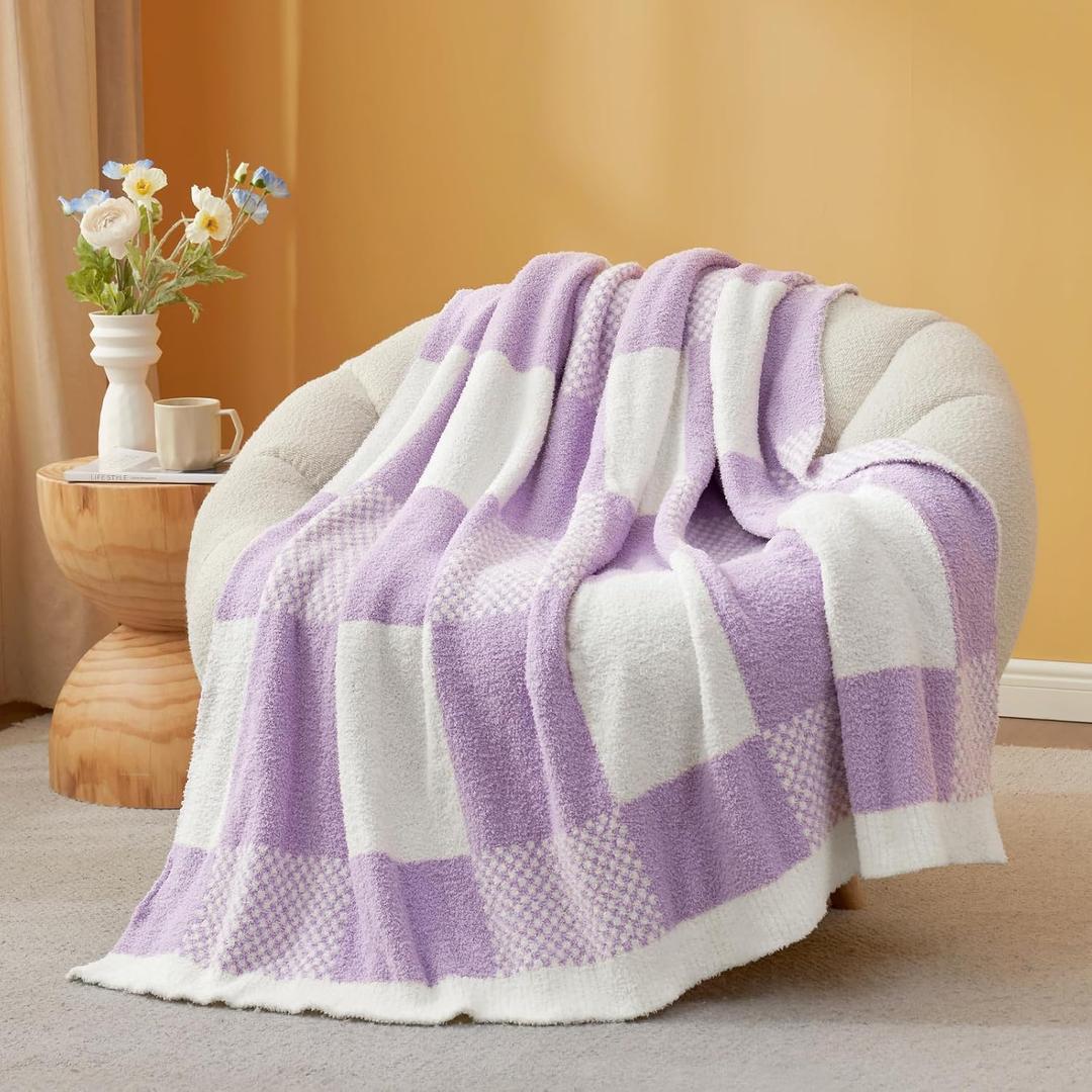 Snuggle Sac Checkered Blanket, Lilac Purple Throw Blanket for Couch Plaid Microfiber Fluffy Warm Cozy Fuzzy Soft Throw Blanket Reversible Checkerered Blankets for Sofa, Chair, Bed, 50x60 inches