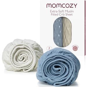 Momcozy Muslin Standard Fitted Crib Sheets, 52"x28", 2 Pack Soft Breathable Natural Cotton Baby Mattress Sheet, 360 Mattress Wrapping No Slip Boys Girls Neutral Toddler Bed Sheet, Grey Blue