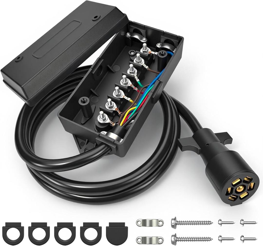 7 Pin Trailer Wiring Harness Kit with 6FT Heavy Duty 7 Way Plug Inline Trailer Cord and Waterproof 7 Way Trailer Junction Box for RV, Truck, and Camper