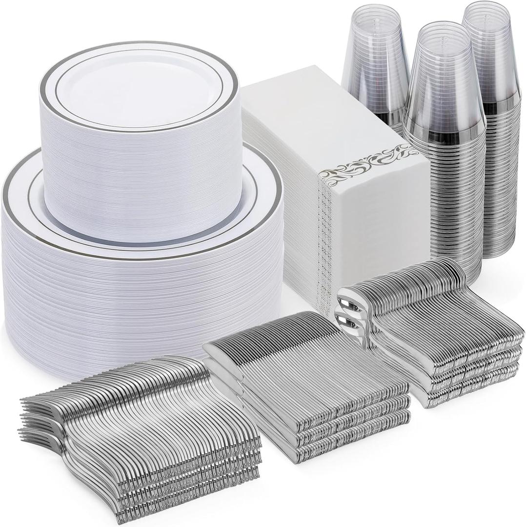 Goodluck 700 Pieces Silver Dinnerware Set for 100 Guests, Disposable Plastic Plates for Party, Include: 100 Dinner Plates, 100 Dessert Plates, 100 Paper Napkins, 100 Cups, 100 Silverware set