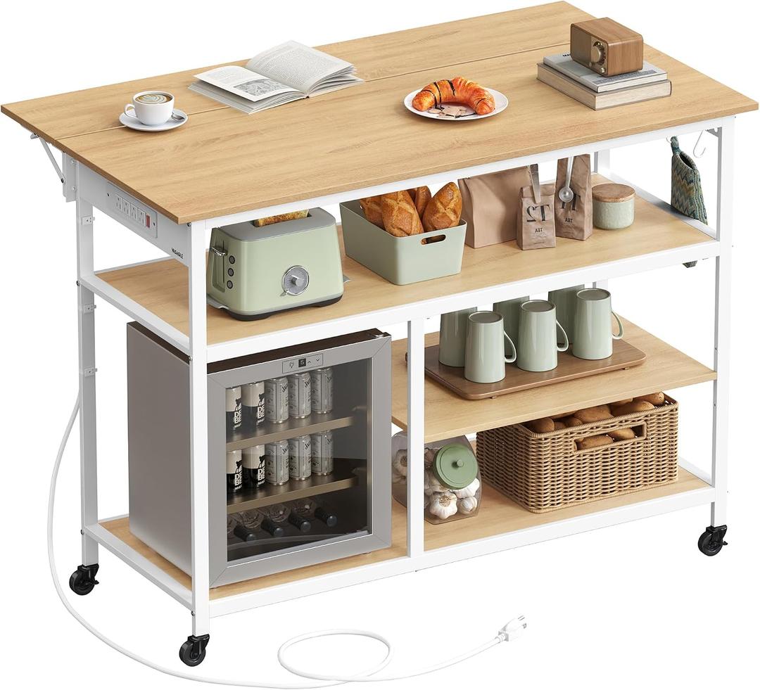 VASAGLE Kitchen Island with Drop Leaf, 47.2" Width Rolling Kitchen Cart with Power Strip, Extendable Worktop, Workbench,Pegboard, Adjustable Shelf, Golden Oak and Cloud White UKKI013Y01, 28.7"D x 47.2"W x 38"H