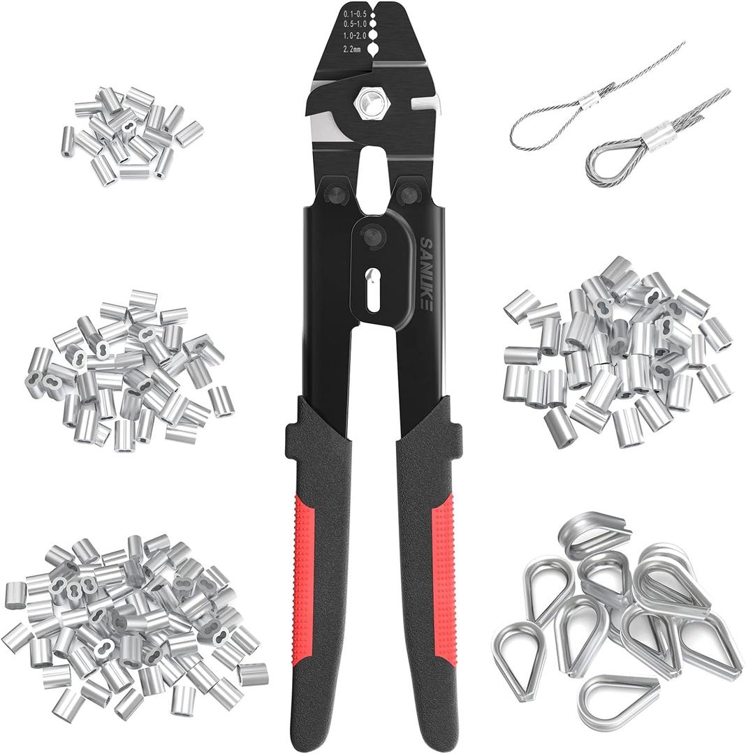 Sanuke Wire Rope Crimping Tool for 3/64 1/16 5/64 inch Aluminum Crimping Loop Sleeves Kit with 160pcs Aluminum Crimping Loop Sleeve and 10pcs Stainless Steel Thimble