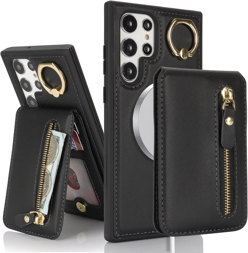for Samsung Galaxy S22 Ultra Phone case with Card Holder with Compatible magsafe Magnetic, Key Chain PU Leather Flip Kickstand Detachable 2-in-1 Wallet case Women Men-Black