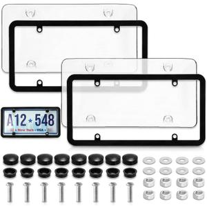 Nicunom 2 Pack Clear License Plate Covers and Frames Combo, License Plate Frame with Protector, Universal Car License Plate Shield Holder for Standard US Plates with Screws Caps