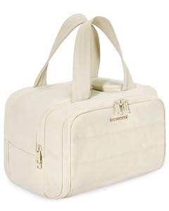 BAGSMART Travel Toiletry Bag, Crush Toiletry Bag for Women, Wide-open Puffy Toiletry Bags for Traveling, Large Travel Cosmetic Makeup Bag Organizer for Accessories,Toiletrie, Beige