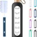 PROBTTL 32 Oz Borosilicate Glass Water Bottle with Time Marker Reminder Quotes, 1 Liter Leak Proof Reusable BPA Free Motivational Water Bottles with Silicone Sleeve and Bamboo Lid (Black)