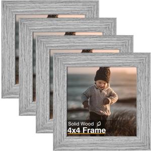 KINLINK 4x4 Picture Frame, Grey Square Solid Wood Frames for Pictures 4x4 without Mat, Wall and Tabletop Display Photo Frames Grey Wood 4 Pack