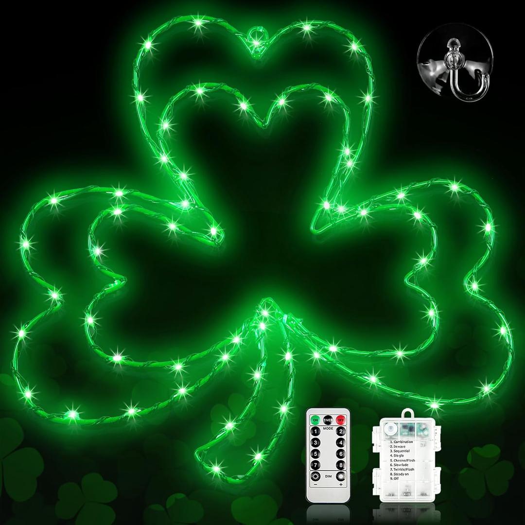 St. Patrick's Day Window Lights, 13" 8 Modes LED Double Shamrock Window Lights, Timed Battery Powered with Remote, Lighted Irish Green Clover Iron Silhouette for Window Home Wall Decoration