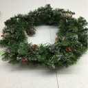 National Tree Company Pre-Lit Artificial Christmas Wreath, Green, Glittery Mountain Spruce, White Lights, Decorated with Pine Cones, Berry Clusters, Frosted Branches, Christmas Collection, 24 Inches