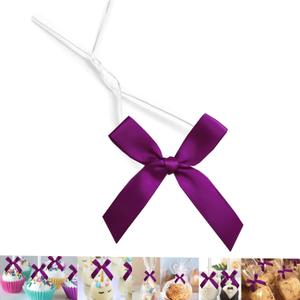 50 Pack 3" Ribbon Twist Tie Bows, Pre Tied Bows for Gifts, Bow Ties for Bags, Twist Bows for Treats, Bow Twist Ties, Bows with Twist Ties, Pretied Bows for Lollipops, Cake Pops(Dark Purple)