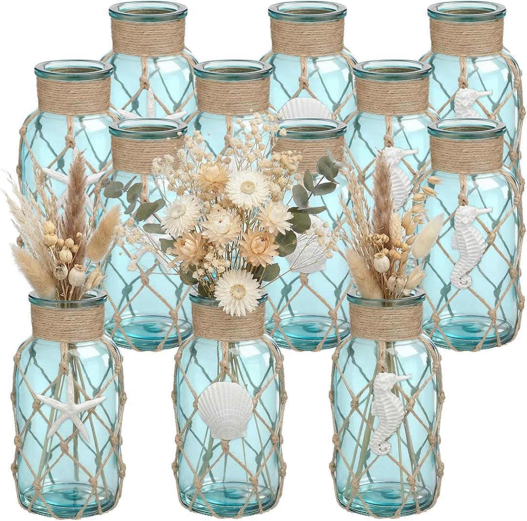 SiliFine Set of 12 Coastal Glass Vases Starfish Shell Crafts Decor Beach Flowers Vases with Boho Rope Small Nautical Sea Glass Jar Coastal Table Centerpieces for Holiday Wedding Home Decorations