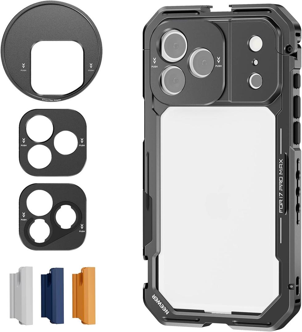 NEEWER Phone Cage Compatible with iPhone 17 Pro Max, Quick Release Video Rig Stabilizer Accessories with 67mm Filter Ring, 17mm Lens Backplate, T Mount Adapter, 4X Camera Control Cap, PA144 (Black)