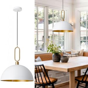 White Gold Pendant Light 15.7in Metal Dome Hanging Ceiling Lights Round Coastal Lighting Fixture for Kitchen Island Dining Room Foyer Restaurant Over Sink/Table Hallway Bedroom (D15.7in)