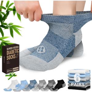 Diabetic Socks for Men,6 Pairs Low Cut Diabetic Neuropathy Socks for Men 9-12/10-13(White+Deep Blue+Blue+Dark Grey+Grey+Black-Large) (L)