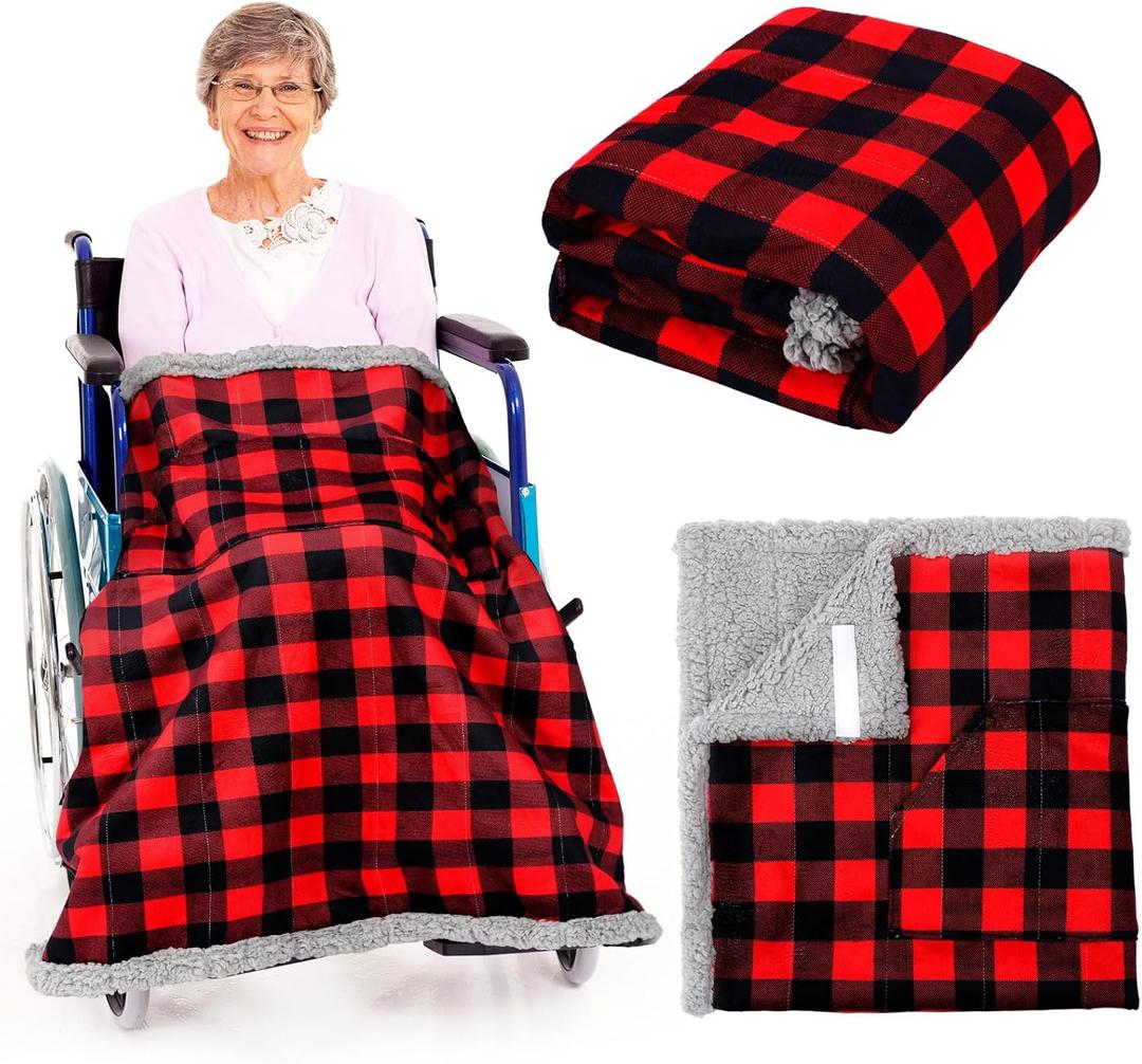 Mindsoft Christmas Wheelchair Blanket with Pouch Warm Soft Flannel Blanket 42.13 x 35.83 Inch Lap Blankets for Elderly Cozy Wheelchair Cover for Holiday Winter Leg and Lower Body Gifts(Red, Black)